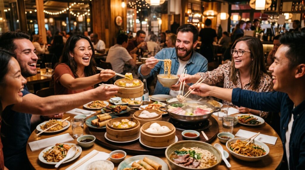 Friends sharing a pan-Asian feast around a table